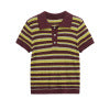 Color blocking striped short sleeved knitted T-shirt top for women